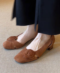 French Caramel Hollow Out Floral Suede Chunky Sandals