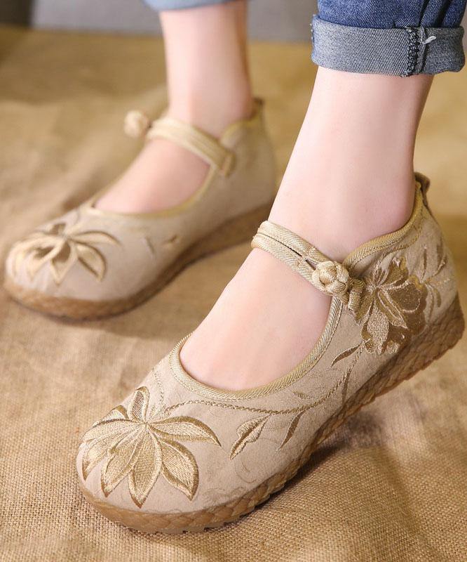 Chic Buckle Strap Flat Feet Shoes Green Embroideried Cotton Fabric