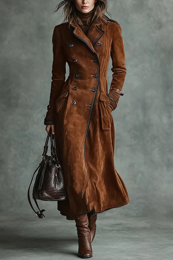 Suede Lapel Button Casual Pocket Long Trench Coat