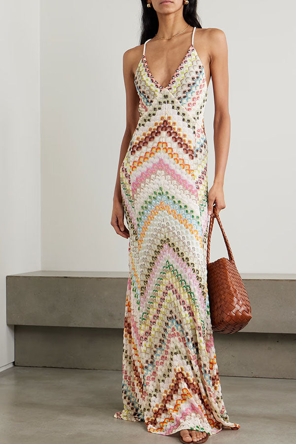 Missoni Knit Colorful Herringbone Print Open Beck Maxi Dress