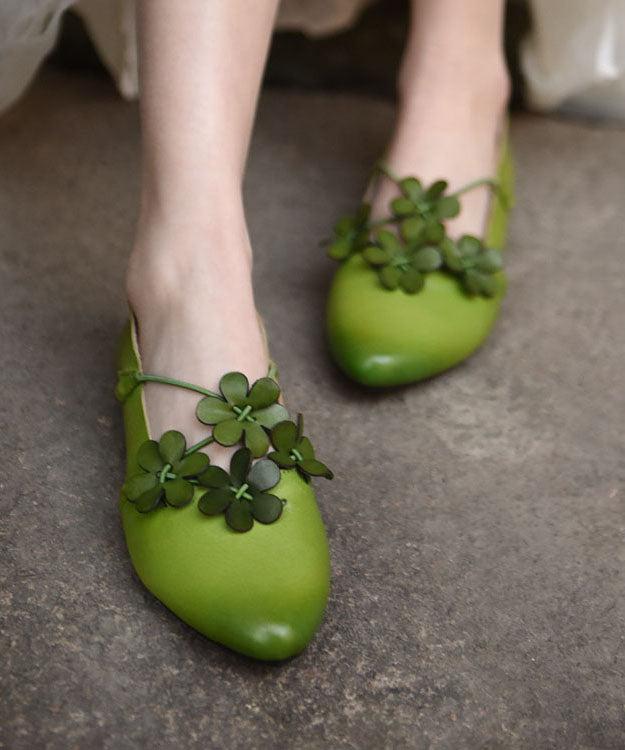 Floral Splicing Flat Shoes Pointed Toe Green Cowhide Leather