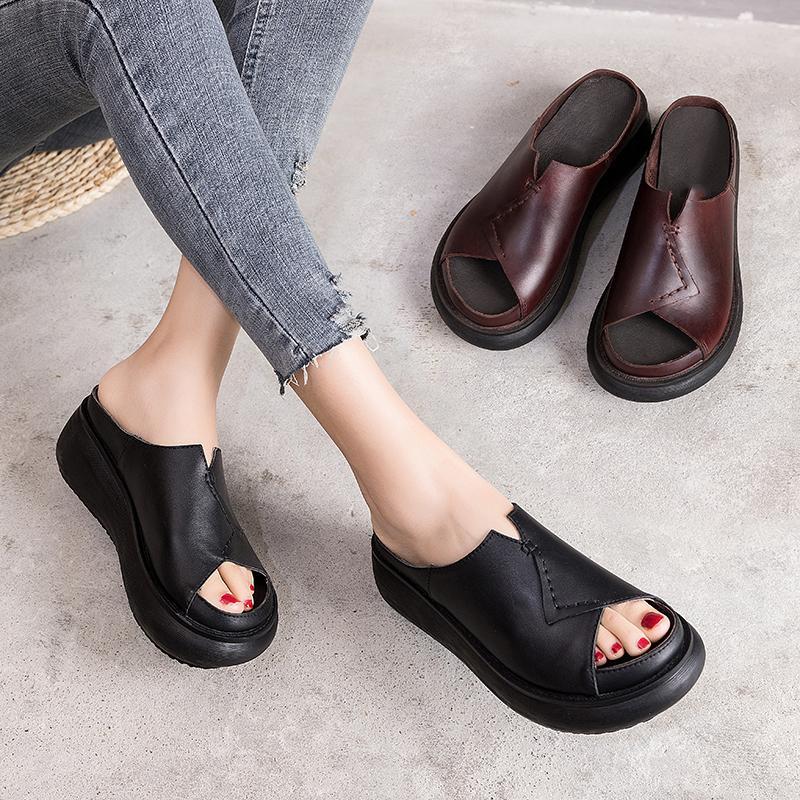 Sewing Platform Casual Leather Slippers