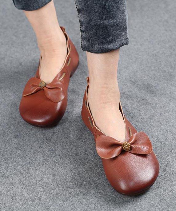 Elegant Chocolate Bow Cowhide Flat Shoes For Women
