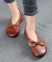 Elegant Chocolate Bow Cowhide Flat Shoes For Women