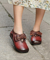 Red Flat Shoes Cowhide Leather Splicing Flat Shoes