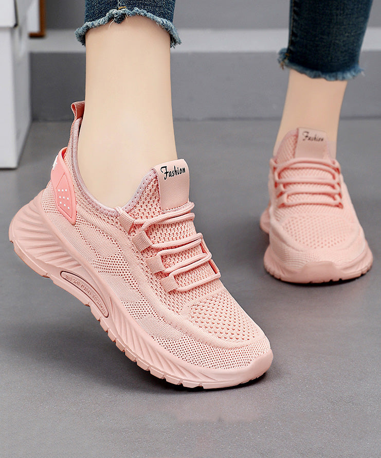 Pink Lace Up Splicing Breathable Mesh Flat Sport Shoes