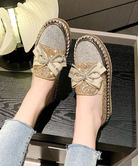 Stylish Splicing Gold Platform Flat Shoes Black Zircon Bow