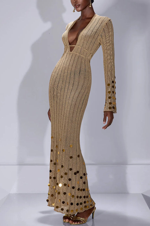 V-neck Flared Long-sleeved Knit Sequined Maxi Dress