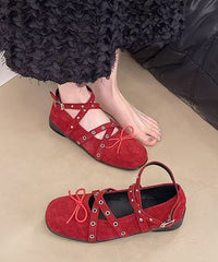 Red Suede Bow Cross Strap Rivet Splicing Flat Feet Shoes