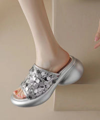 Sequins Platform Silver Breathable Mesh Slide Sandals