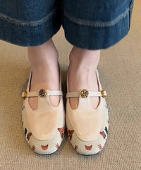 Beige Faux Leather Flat Shoes Hollow Out Embroidered