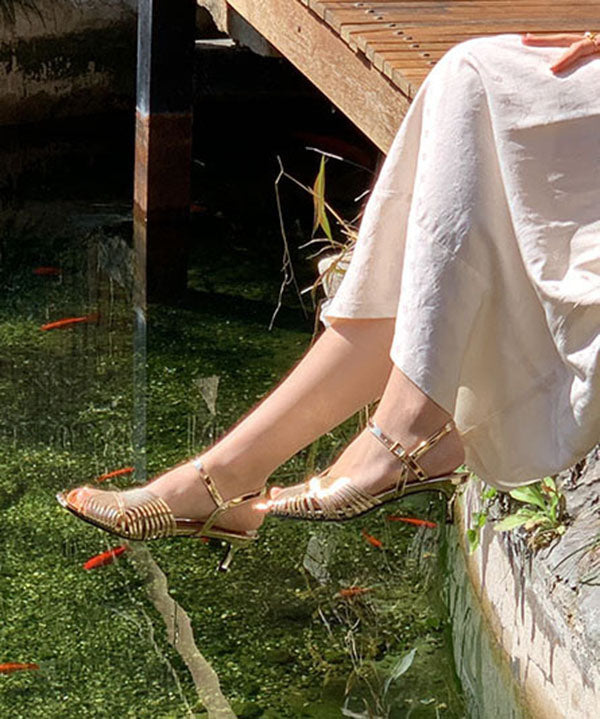 Gold Sandals High Heel Faux Leather Stylish Splicing Buckle Strap
