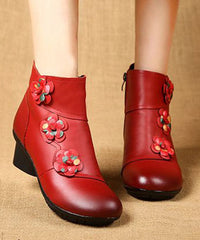Red Boots Chunky Cowhide Leather Splicing Floral