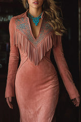 Embroidered Floral Tassel Long-sleeved Slim-fit Maxi Dress