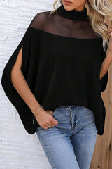 Mesh-paneled Batwing Sleeve High-neck Loose Top