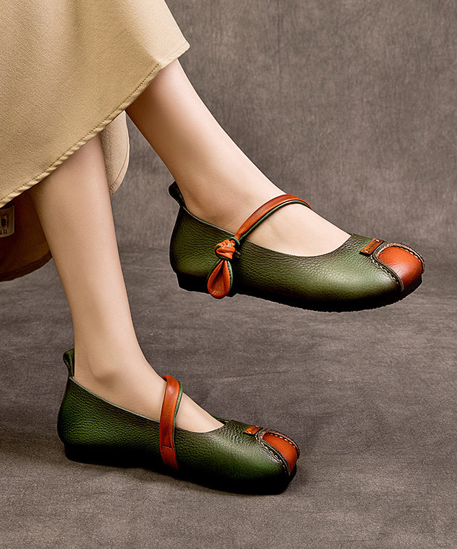 Retro Green Cowhide Leather Splicing Flat Feet Shoes Buckle Strap