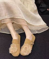 Khaki Floral Faux Leather Soft Splicing Flat Shoes For Women