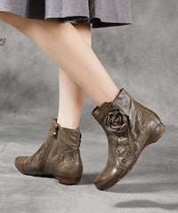Zippered Splicing Floral Wedge Boots Camel Cowhide Leather