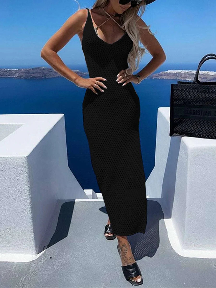 Free Spirited Hollow Out Knit Slit Cover-up Dress