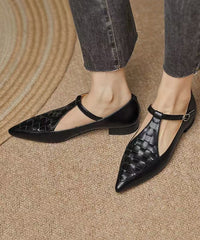 Black Cowhide Leather Hollow Out Flat Feet Shoes Pointed Toe