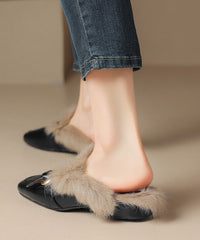Brown Cowhide Leather Slippers Shoes Splicing Fuzzy Wool Lined
