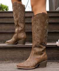 Retro Red Embossed Zippered Chunky Boots Faux Leather