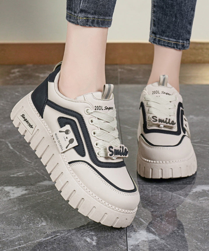 Beige Khaki Lace Up Splicing Platform Flat Feet Shoes