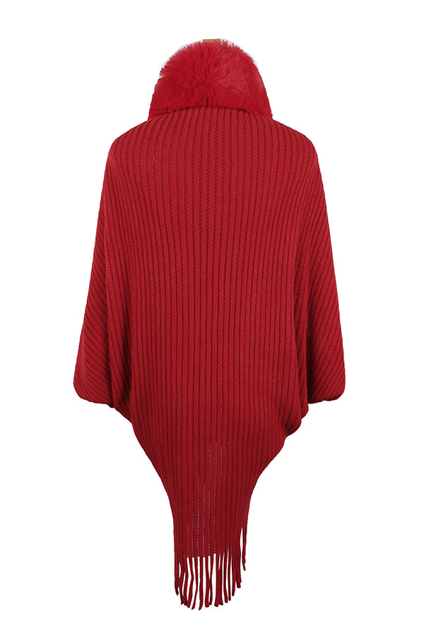 Fur Collar Tassel Hem Knitted Shawl Cape