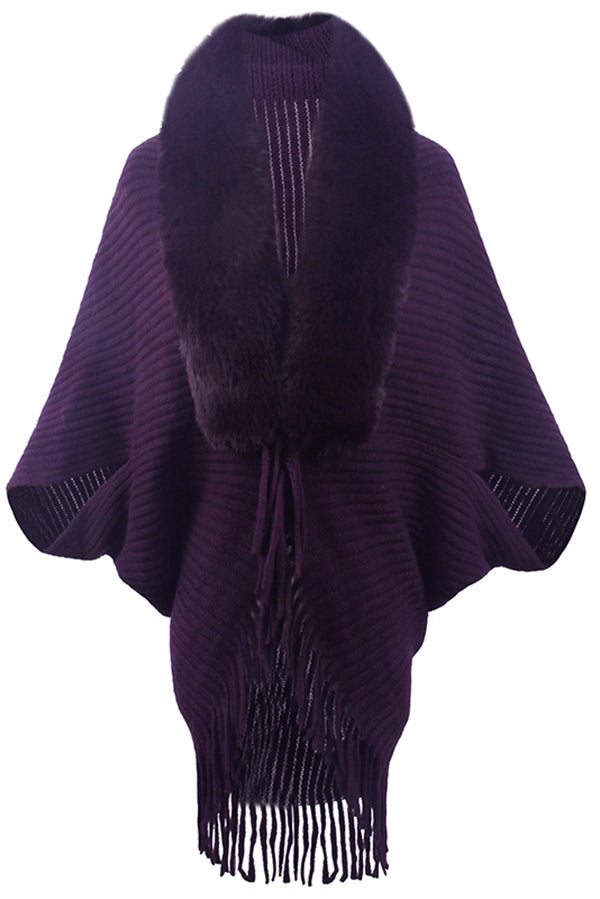 Fur Collar Tassel Hem Knitted Shawl Cape