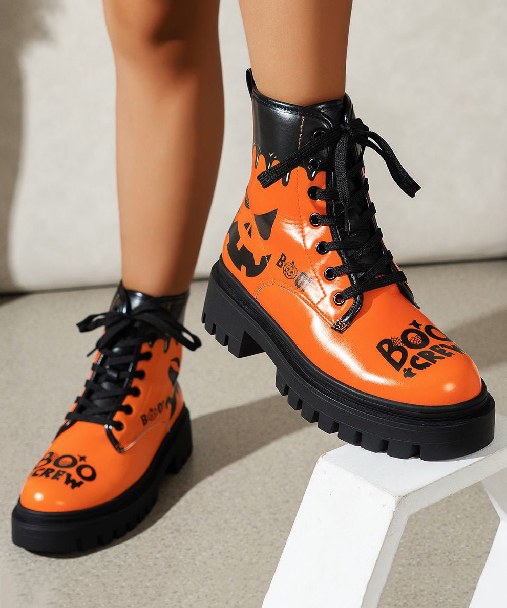 Stylish Orange Print Lace Up Splicing Faux Leather Chunky Boots