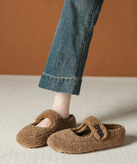 Beige Faux Fur Splicing Flat Shoes Fuzzy Wool Lined