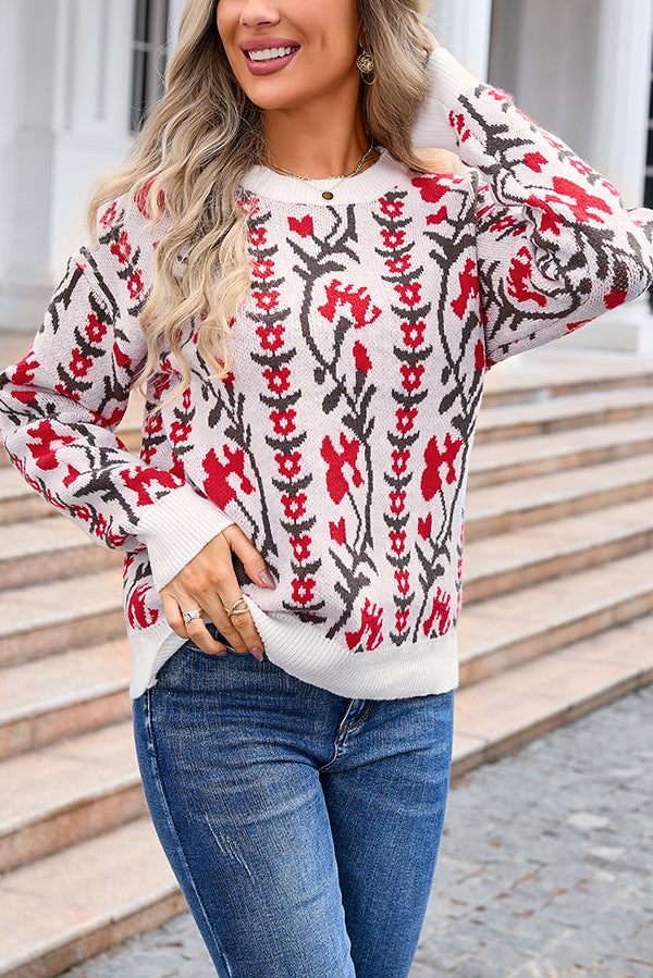 Floral Knitted Crew Neck Casual Sweater