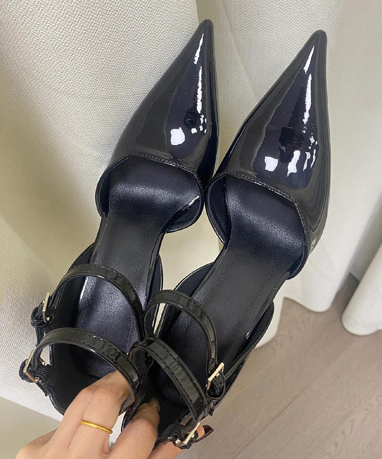 Black Splicing Buckle Strap Wedge Sandals Pointed Toe