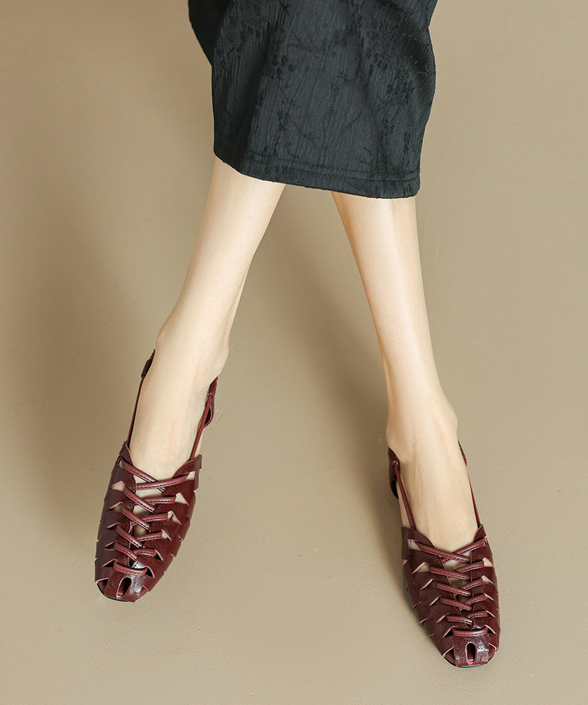 Brown Cowhide Leather Flat Sandals Splicing Hollow Out Breathable