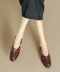 Brown Cowhide Leather Flat Sandals Splicing Hollow Out Breathable