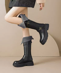 Brown Faux Leather Splicing Fuzzy Wool Lined Platform Boots