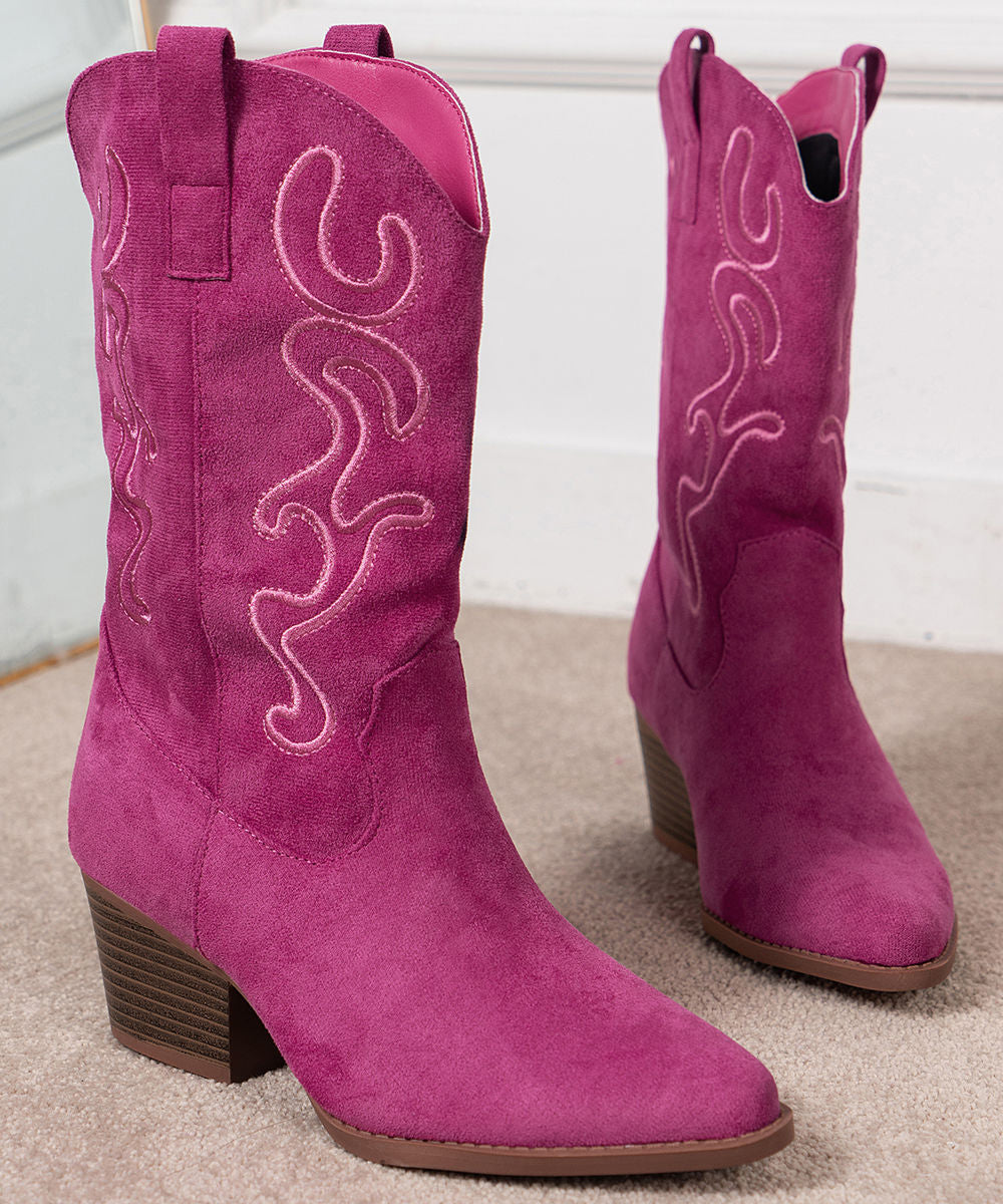 Rose Embossed Pointed Toe Solid Suede Boots Boots