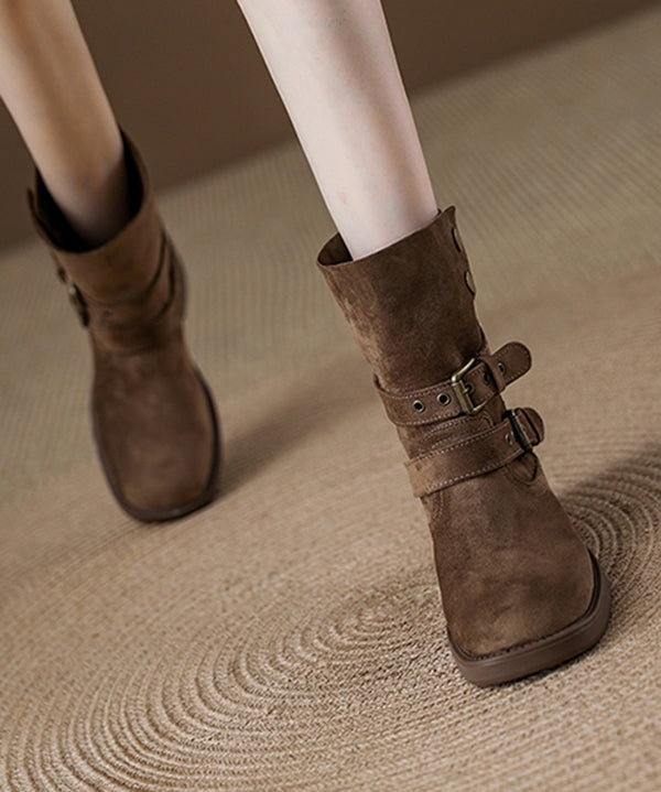 Boutique Buckle Strap Splicing Chunky Boots Khaki Suede
