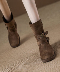 Boutique Buckle Strap Splicing Chunky Boots Khaki Suede