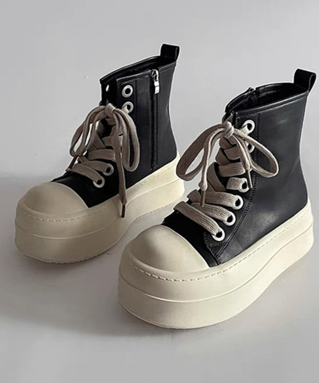 Black Platform Faux Leather Stylish Splicing Lace Up Boots