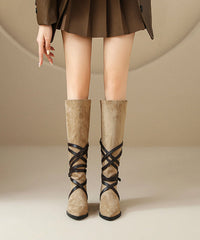 Nude Suede Cross Strap Splicing Boots Pointed Toe