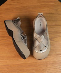 Splicing Platform Sandals Khaki Faux Leather Hollow Out