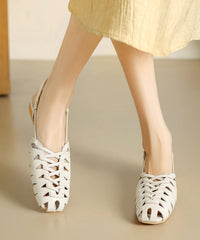 Brown Cowhide Leather Flat Sandals Splicing Hollow Out Breathable