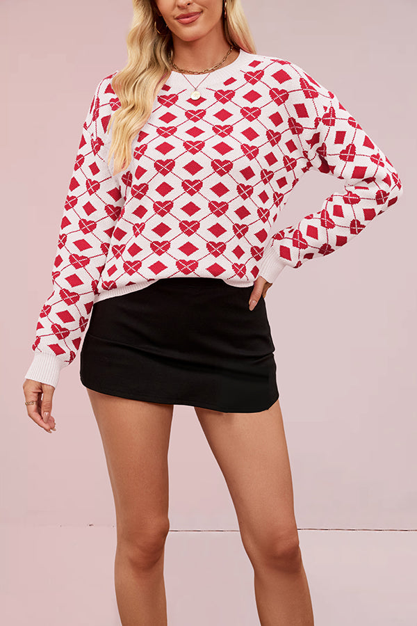 Heart-shaped Jacquard Loose Long-sleeved Knit Sweater