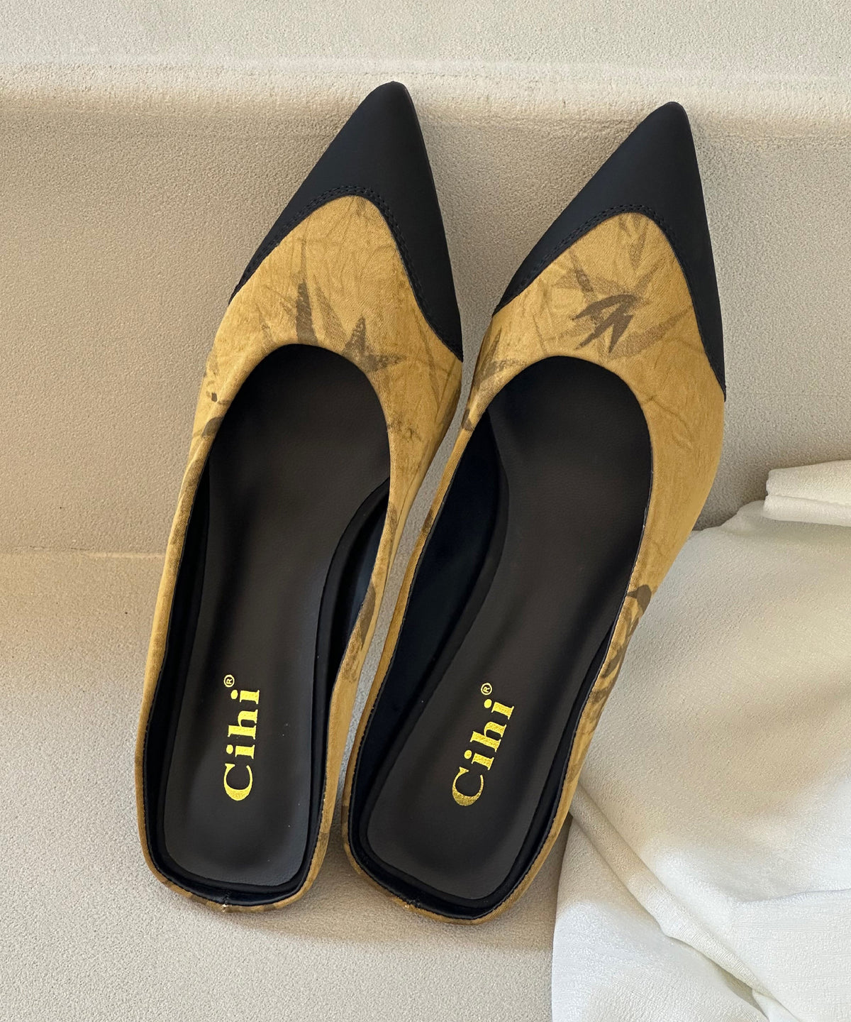 Green Faux Leather Splicing Satin Kitten Heels Slippers