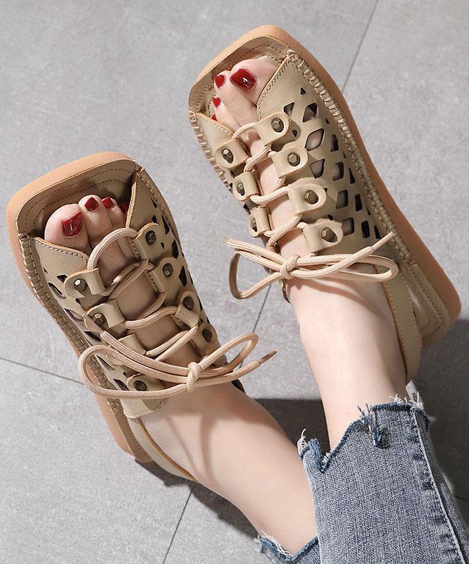 Chocolate Lace Up Flat Sandals Cowhide Leather