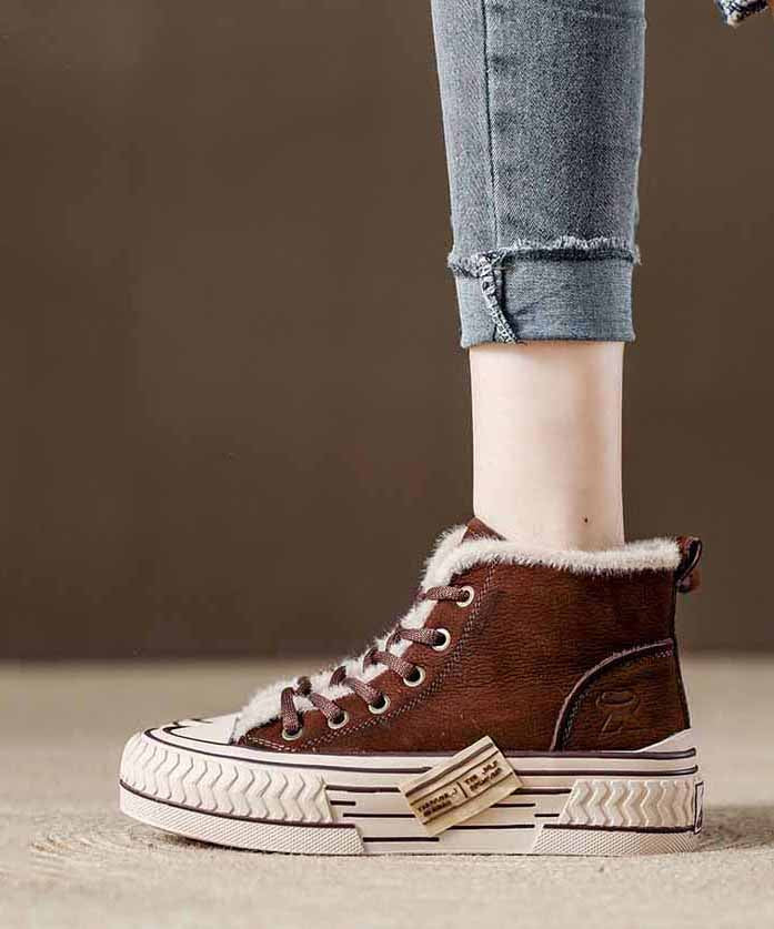 Casual Splicing Platform Flats Red Cowhide Leather Fuzzy Wool Lined