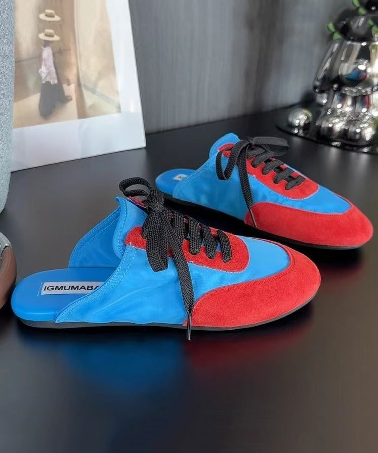 Lace Up Splicing Blue Suede Slide Sandals