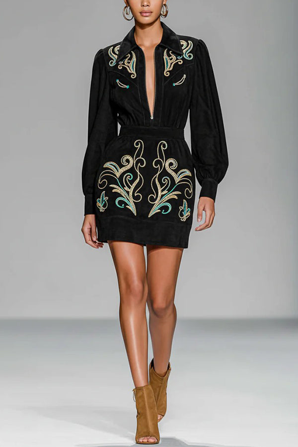 Embroidered Floral Pattern Long-sleeved Fitted Waist Mini Dress