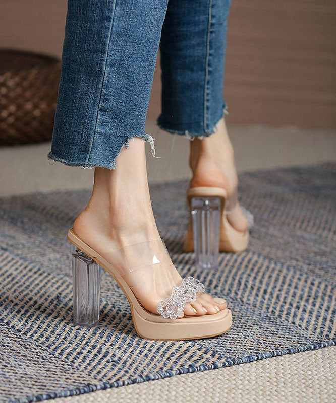 Beige Chunky Clear High Heel Slippers Peep Toe Platform Heels